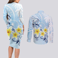FSM Chuuk Constitution Day Couples Matching Long Sleeve Bodycon Dress and Long Sleeve Button Shirt Polynesian Curves Plumeria - Polynesian Pride
