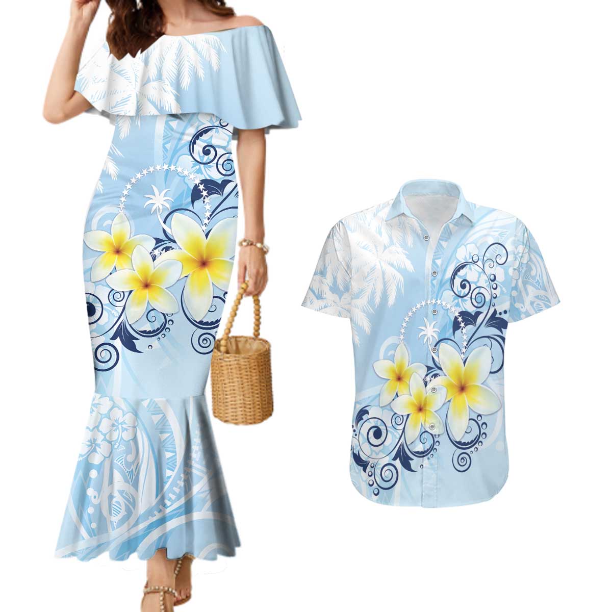 FSM Chuuk Constitution Day Couples Matching Mermaid Dress and Hawaiian Shirt Polynesian Curves Plumeria - Polynesian Pride