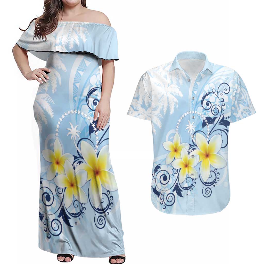 FSM Chuuk Constitution Day Couples Matching Off Shoulder Maxi Dress and Hawaiian Shirt Polynesian Curves Plumeria - Polynesian Pride