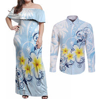 FSM Chuuk Constitution Day Couples Matching Off Shoulder Maxi Dress and Long Sleeve Button Shirt Polynesian Curves Plumeria - Polynesian Pride