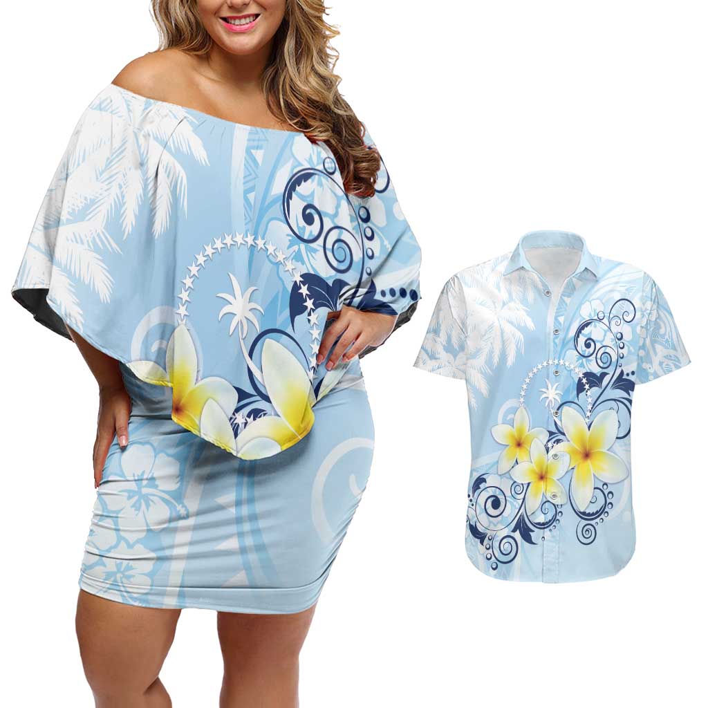 FSM Chuuk Constitution Day Couples Matching Off Shoulder Short Dress and Hawaiian Shirt Polynesian Curves Plumeria - Polynesian Pride