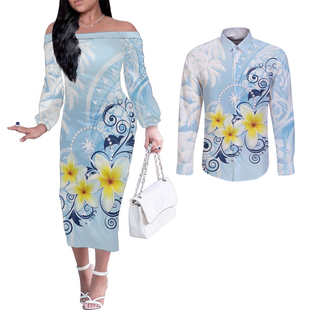 FSM Chuuk Constitution Day Couples Matching Off The Shoulder Long Sleeve Dress and Long Sleeve Button Shirt Polynesian Curves Plumeria - Polynesian Pride
