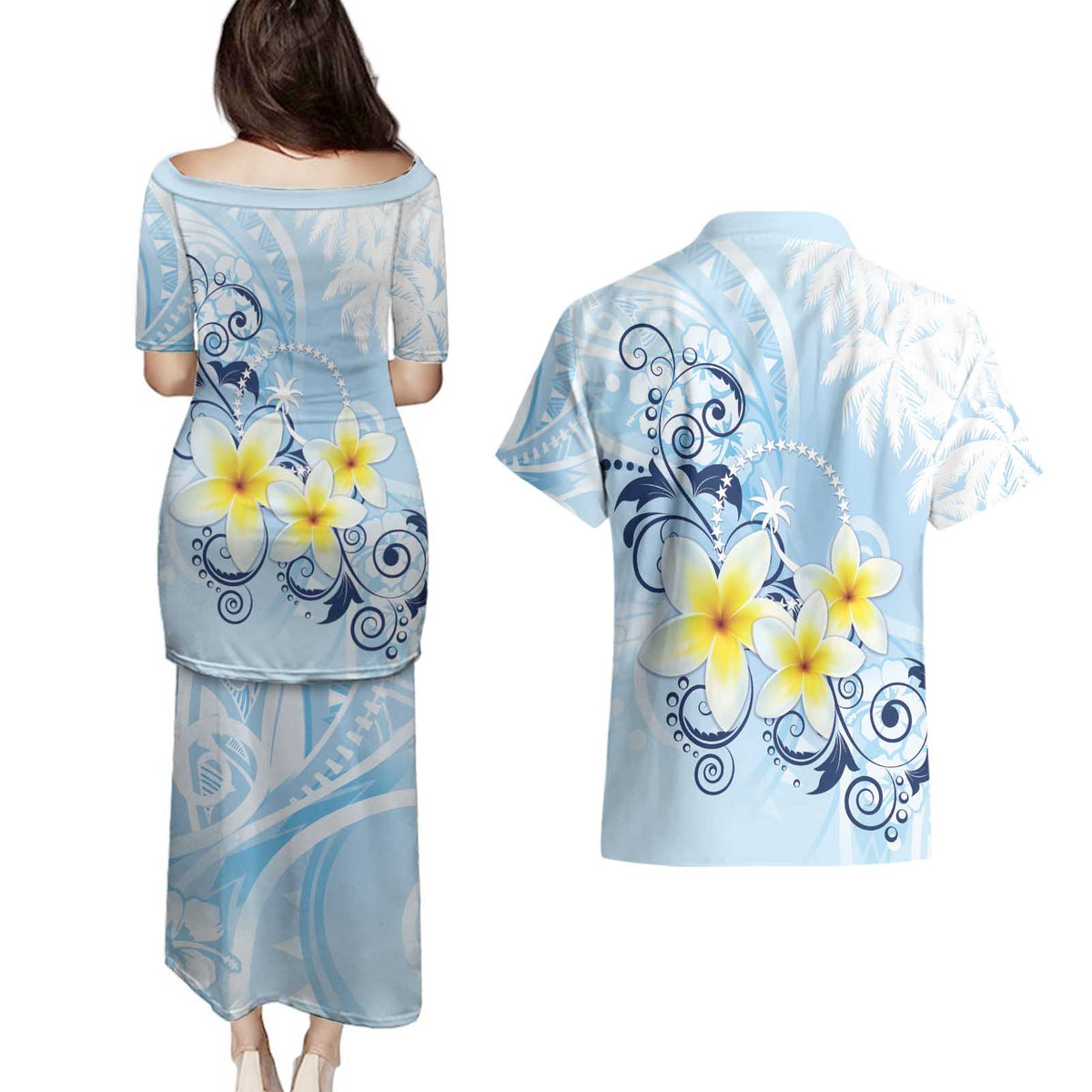 FSM Chuuk Constitution Day Couples Matching Puletasi and Hawaiian Shirt Polynesian Curves Plumeria - Polynesian Pride