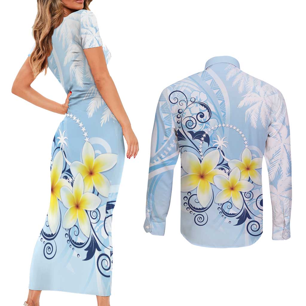 FSM Chuuk Constitution Day Couples Matching Short Sleeve Bodycon Dress and Long Sleeve Button Shirt Polynesian Curves Plumeria - Polynesian Pride