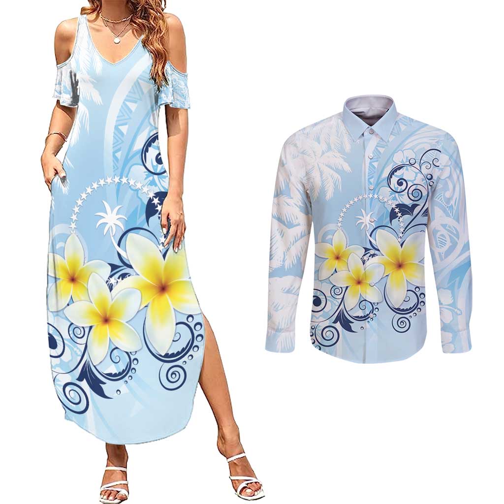 FSM Chuuk Constitution Day Couples Matching Summer Maxi Dress and Long Sleeve Button Shirt Polynesian Curves Plumeria - Polynesian Pride