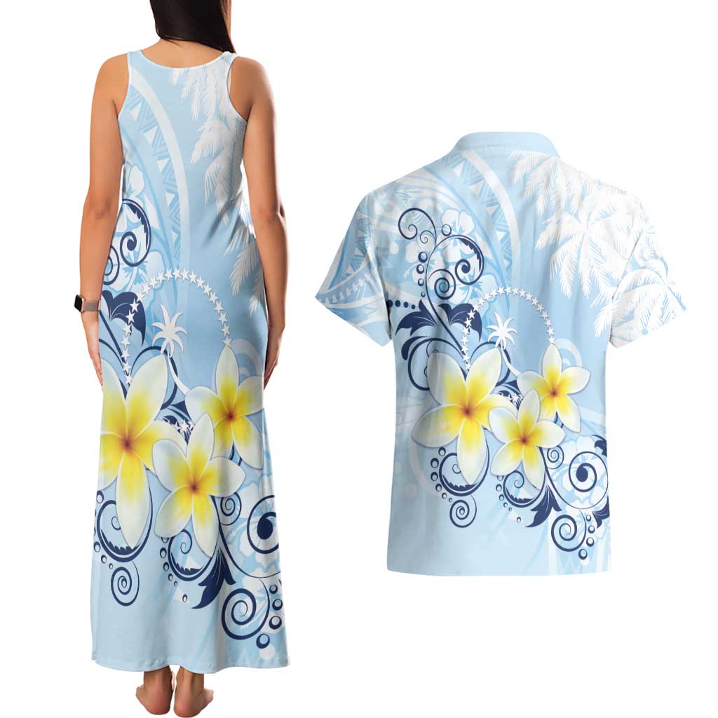 FSM Chuuk Constitution Day Couples Matching Tank Maxi Dress and Hawaiian Shirt Polynesian Curves Plumeria - Polynesian Pride