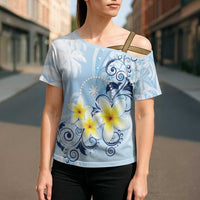 FSM Chuuk Constitution Day Cross Shoulder Shirt Polynesian Curves Plumeria - Polynesian Pride
