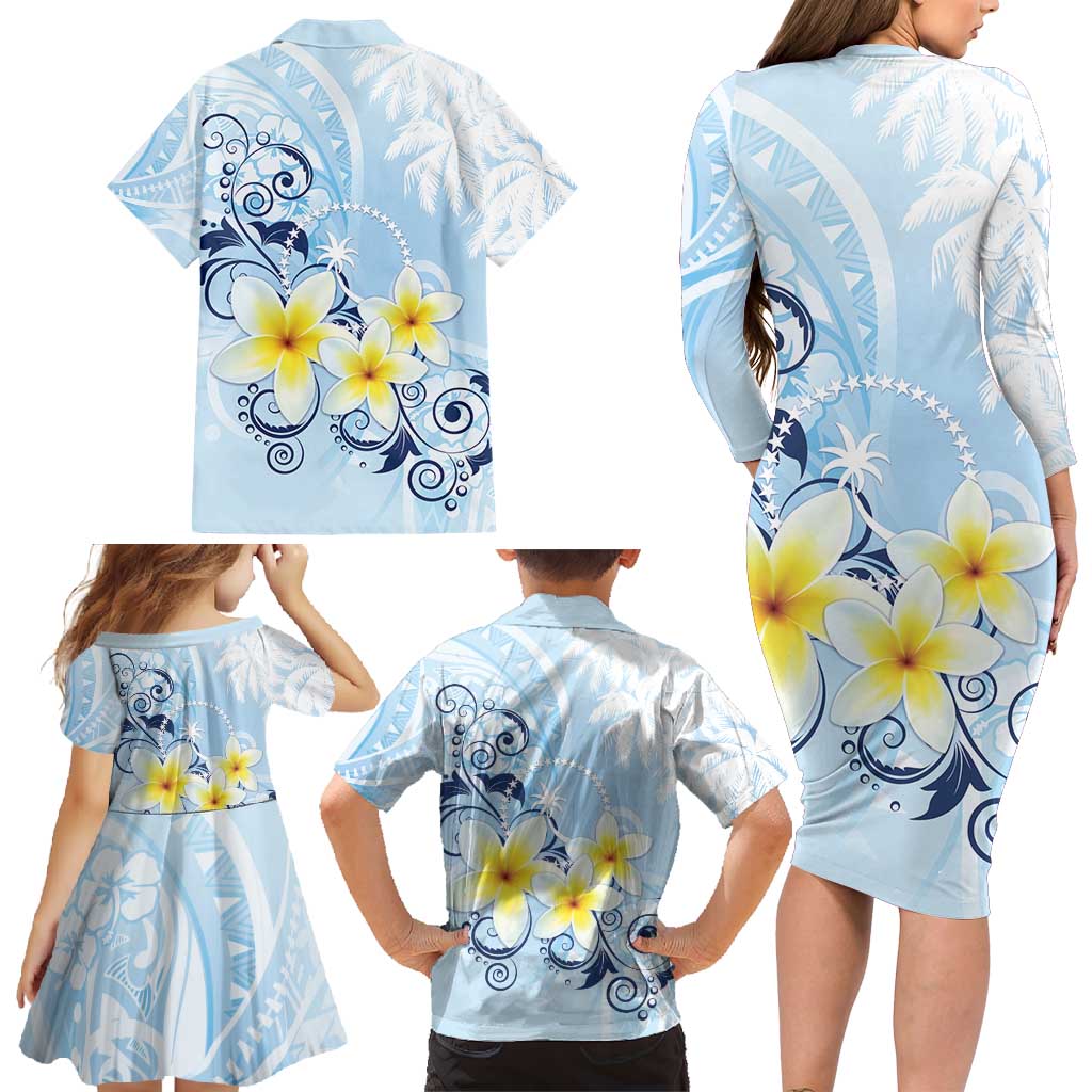FSM Chuuk Constitution Day Family Matching Long Sleeve Bodycon Dress and Hawaiian Shirt Polynesian Curves Plumeria - Polynesian Pride