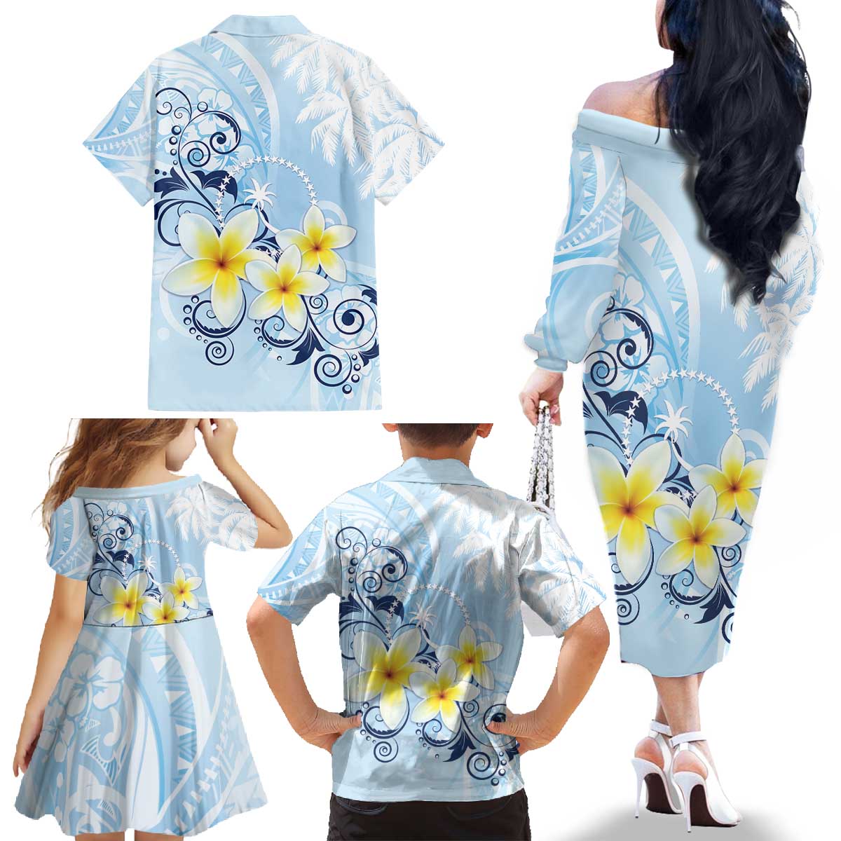 FSM Chuuk Constitution Day Family Matching Off The Shoulder Long Sleeve Dress and Hawaiian Shirt Polynesian Curves Plumeria - Polynesian Pride