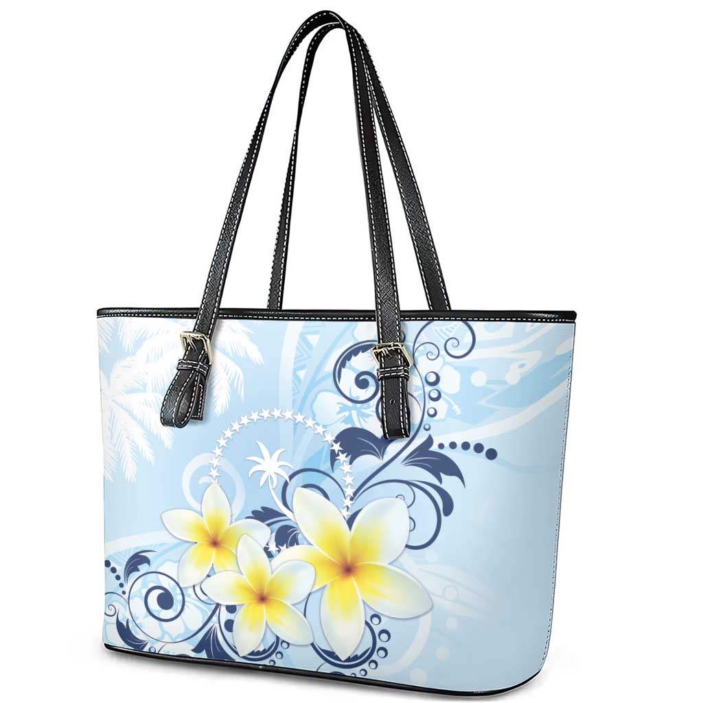 FSM Chuuk Constitution Day Leather Tote Bag Polynesian Curves Plumeria - Polynesian Pride