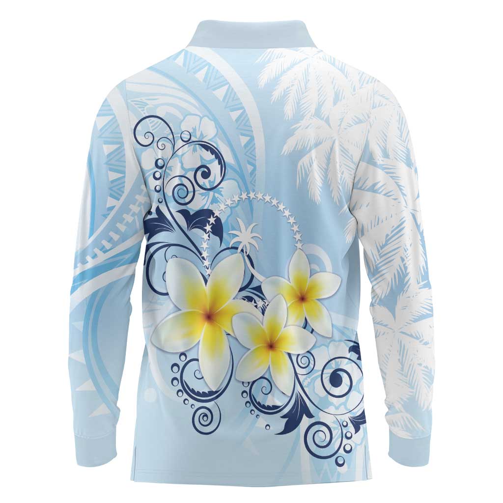 FSM Chuuk Constitution Day Long Sleeve Polo Shirt Polynesian Curves Plumeria - Polynesian Pride