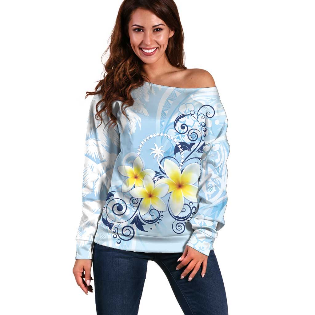 FSM Chuuk Constitution Day Off Shoulder Sweater Polynesian Curves Plumeria - Polynesian Pride
