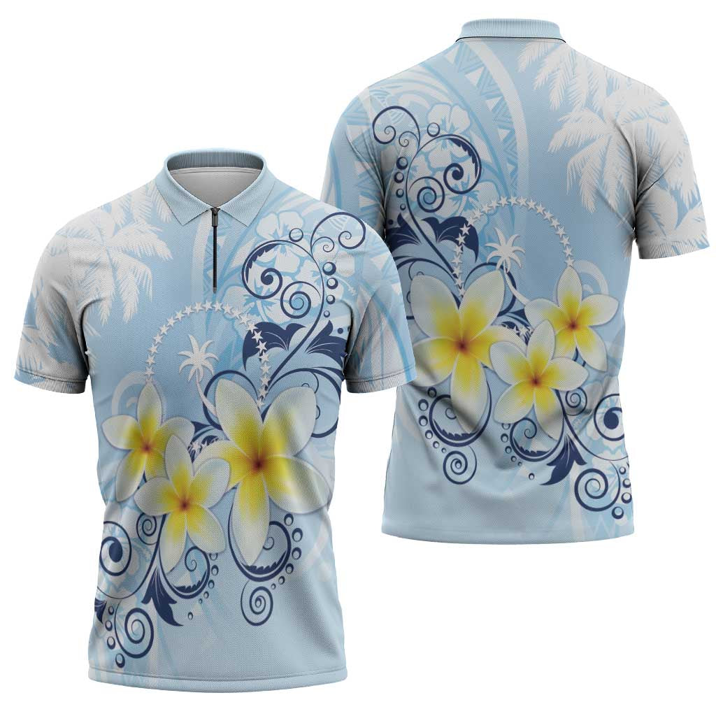 FSM Chuuk Constitution Day Zipper Polo Shirt Polynesian Curves Plumeria - Polynesian Pride