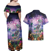 Happy Hulaween Couples Matching Off Shoulder Maxi Dress and Hawaiian Shirt Mahaloween Skeleton Dancing