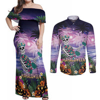 Happy Hulaween Couples Matching Off Shoulder Maxi Dress and Long Sleeve Button Shirt Mahaloween Skeleton Dancing