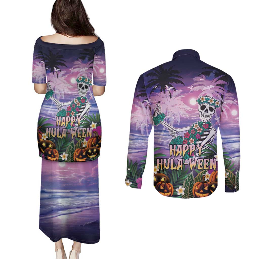 Happy Hulaween Couples Matching Puletasi and Long Sleeve Button Shirt Mahaloween Skeleton Dancing