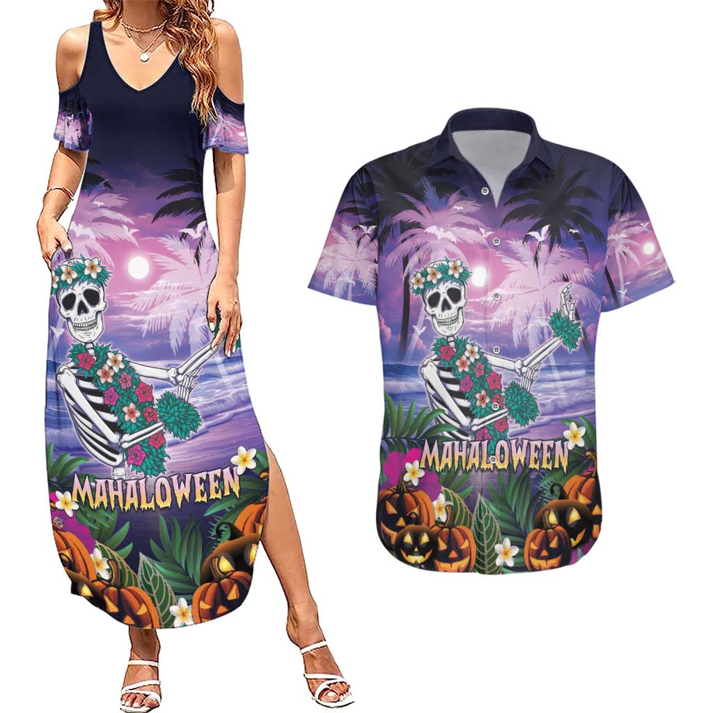 Happy Hulaween Couples Matching Summer Maxi Dress and Hawaiian Shirt Mahaloween Skeleton Dancing