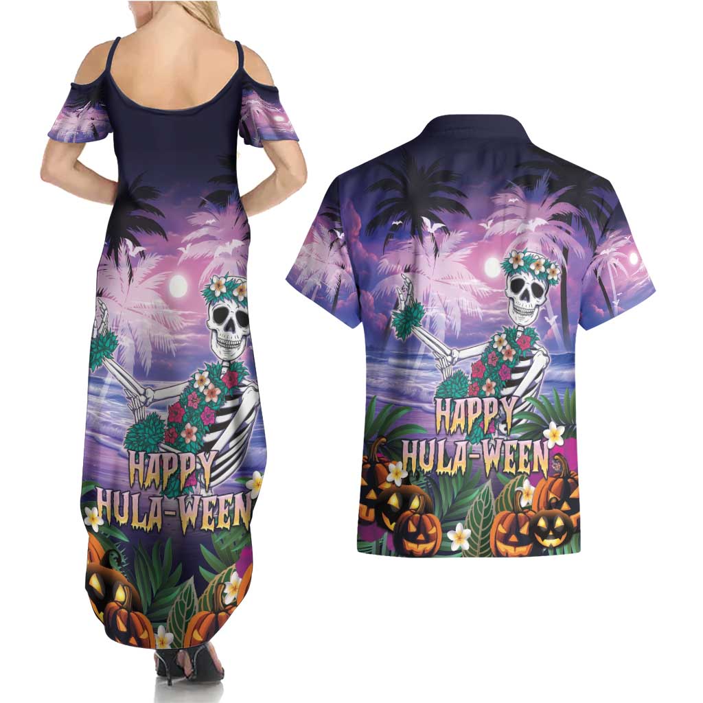 Happy Hulaween Couples Matching Summer Maxi Dress and Hawaiian Shirt Mahaloween Skeleton Dancing