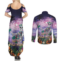 Happy Hulaween Couples Matching Summer Maxi Dress and Long Sleeve Button Shirt Mahaloween Skeleton Dancing