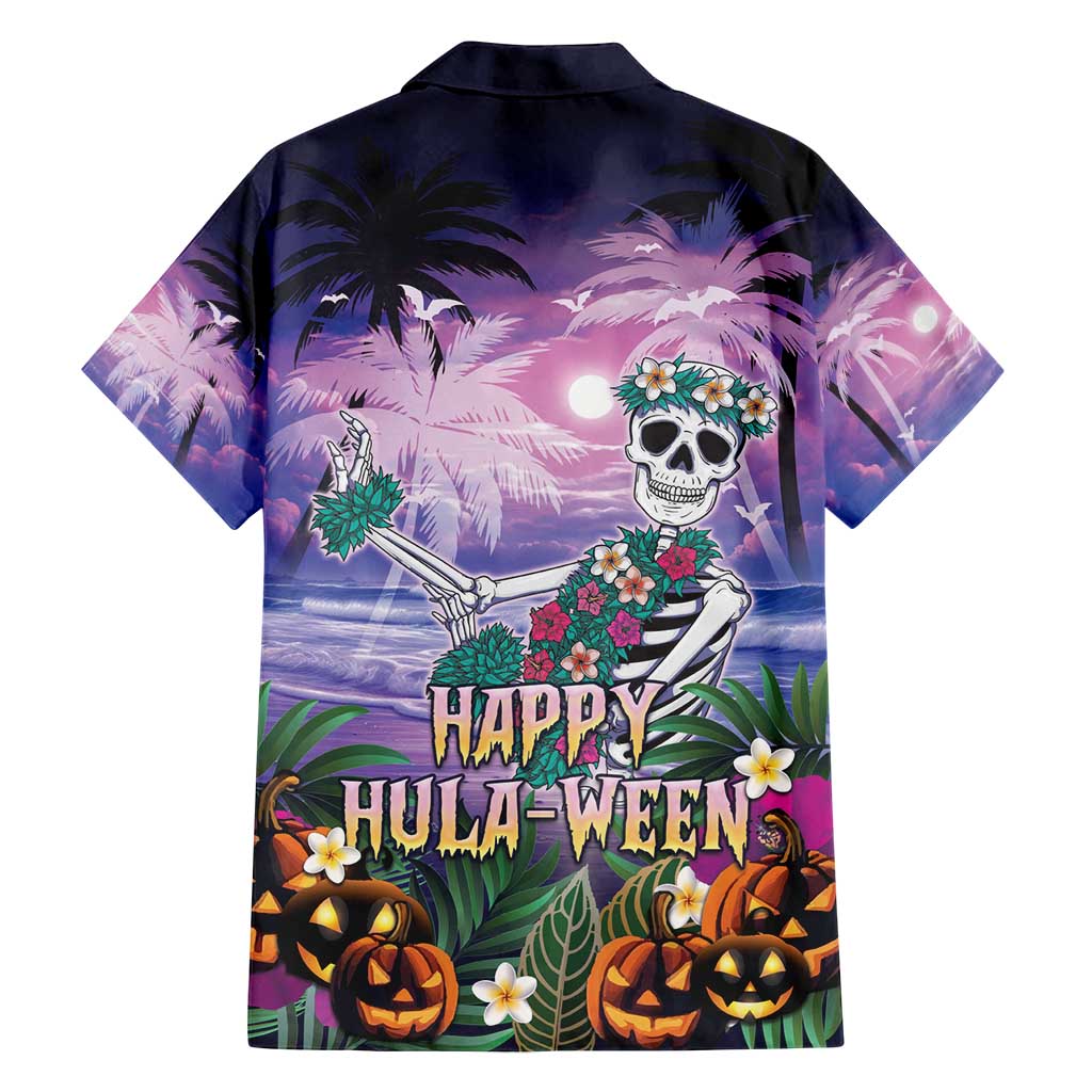 Happy Hulaween Family Matching Long Sleeve Bodycon Dress and Hawaiian Shirt Mahaloween Skeleton Dancing