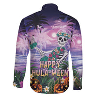 Happy Hulaween Family Matching Long Sleeve Bodycon Dress and Hawaiian Shirt Mahaloween Skeleton Dancing