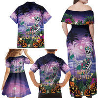 Happy Hulaween Family Matching Off Shoulder Maxi Dress and Hawaiian Shirt Mahaloween Skeleton Dancing