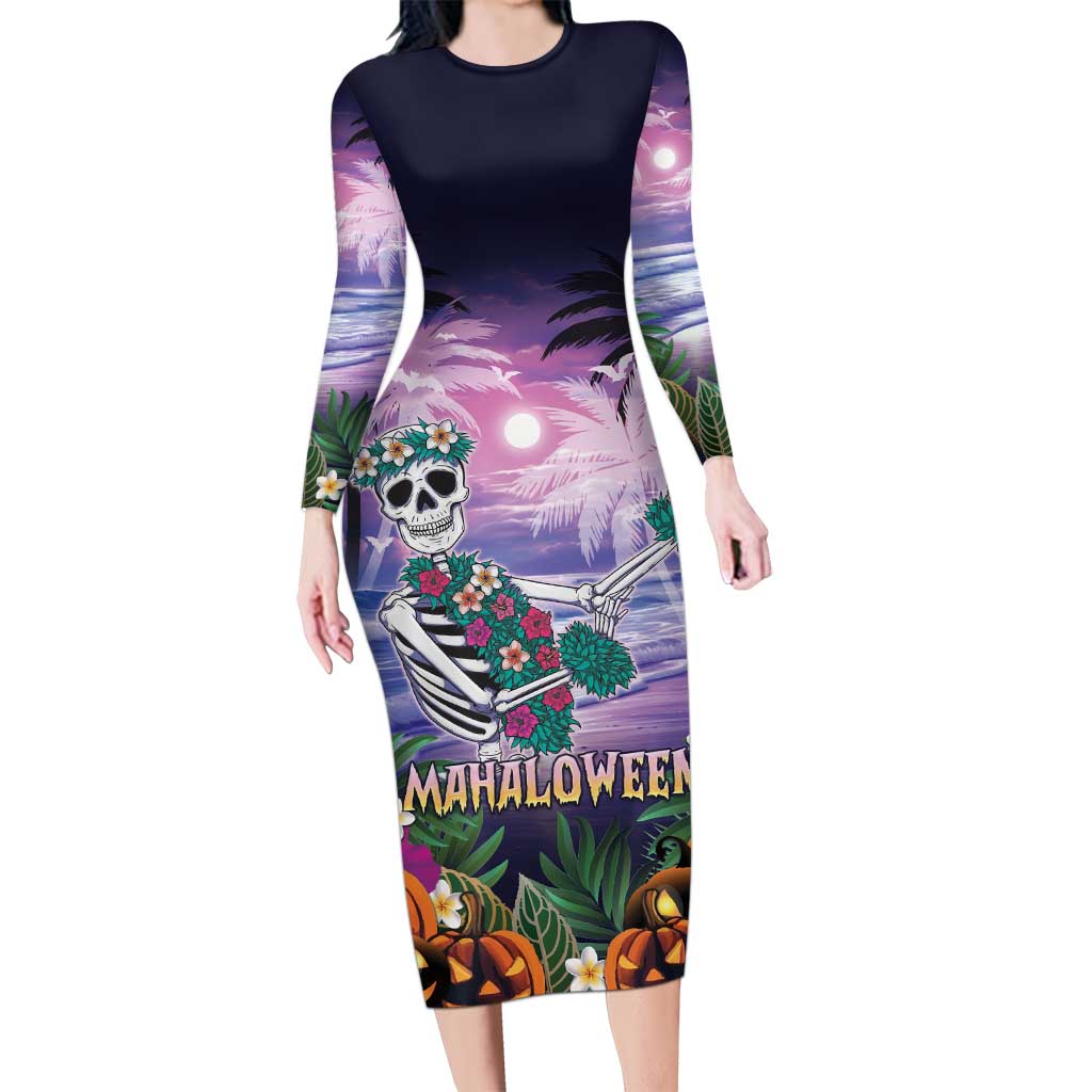 Happy Hulaween Long Sleeve Bodycon Dress Mahaloween Skeleton Dancing LT05 Long Dress Purple - Polynesian Pride