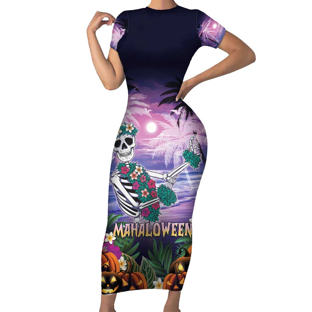 Happy Hulaween Short Sleeve Bodycon Dress Mahaloween Skeleton Dancing LT05 Long Dress Purple - Polynesian Pride