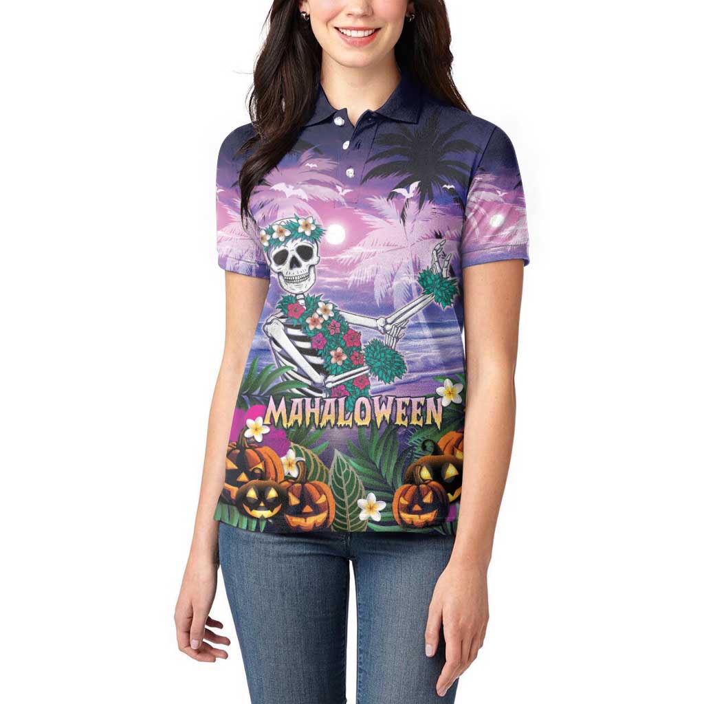 Happy Hulaween Women Polo Shirt Mahaloween Skeleton Dancing