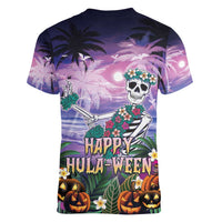 Happy Hulaween Women V-Neck T-Shirt Mahaloween Skeleton Dancing