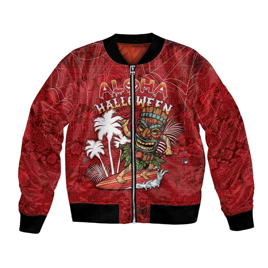 Personalised Aloha Halloween Bomber Jacket Skeleton Surfing LT05 Unisex Red - Polynesian Pride