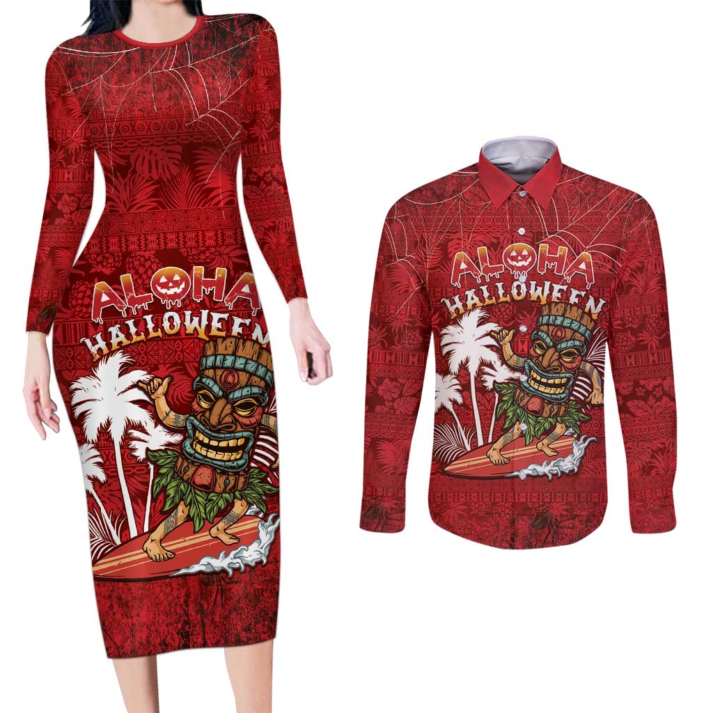 Personalised Aloha Halloween Couples Matching Long Sleeve Bodycon Dress and Long Sleeve Button Shirt Skeleton Surfing LT05 Red - Polynesian Pride
