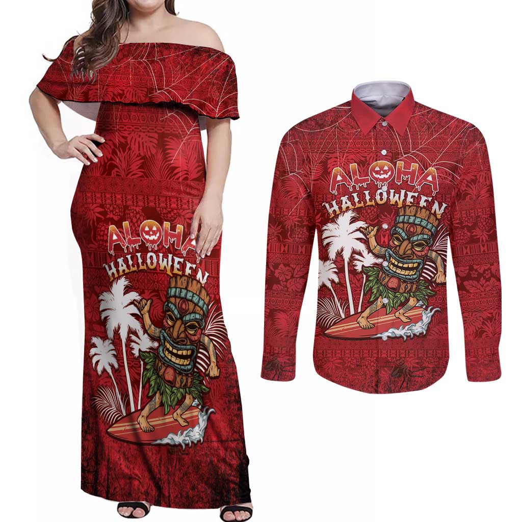Personalised Aloha Halloween Couples Matching Off Shoulder Maxi Dress and Long Sleeve Button Shirt Skeleton Surfing LT05 Red - Polynesian Pride