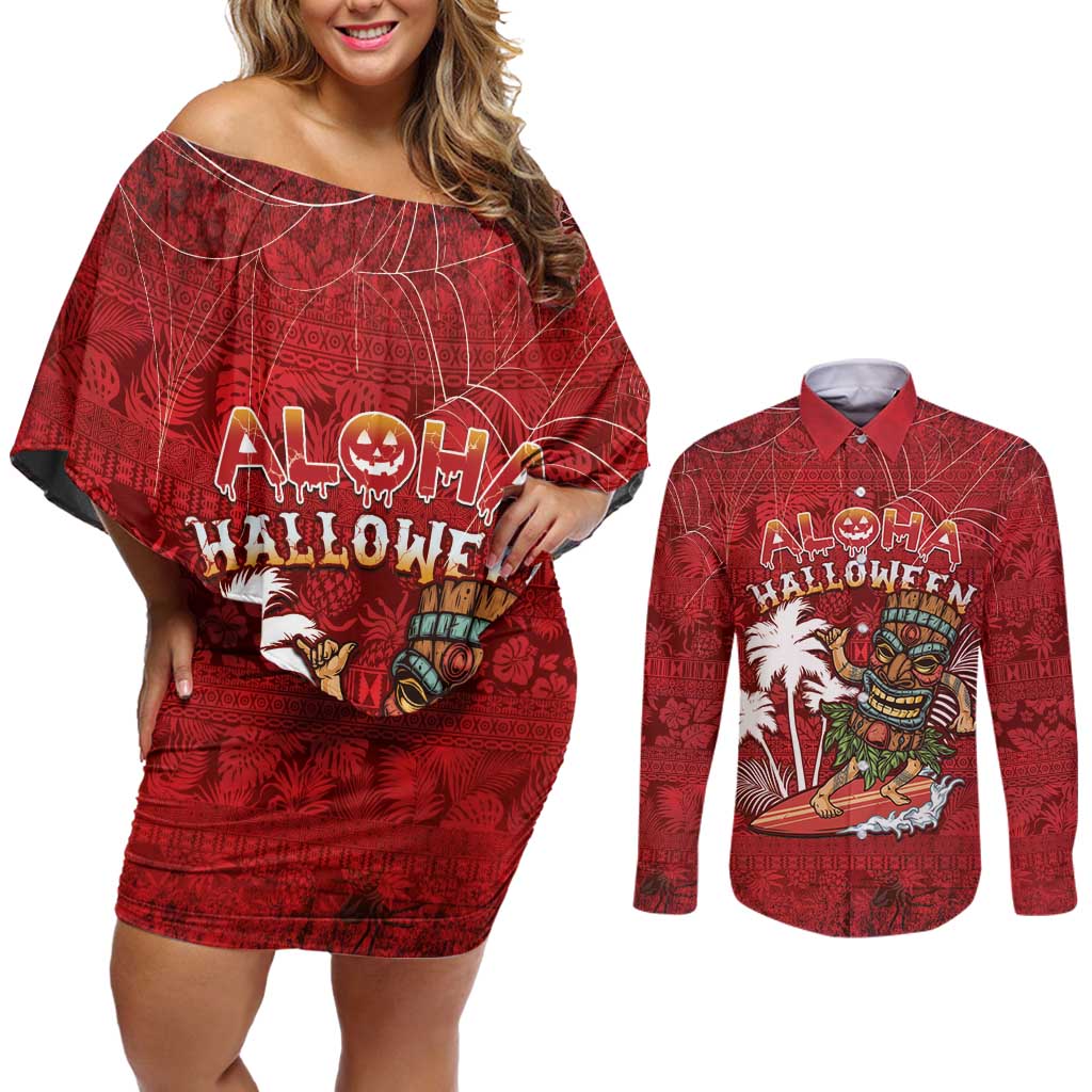 Personalised Aloha Halloween Couples Matching Off Shoulder Short Dress and Long Sleeve Button Shirt Skeleton Surfing