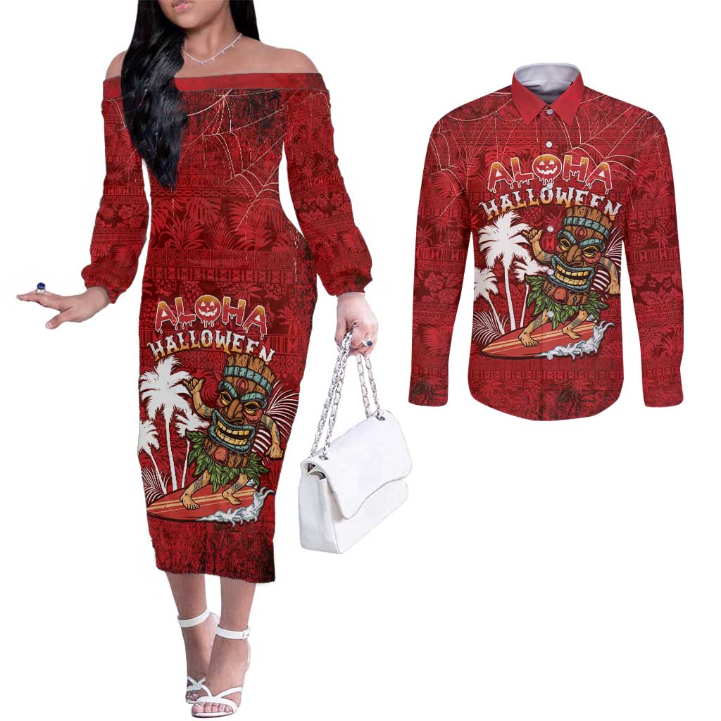 Personalised Aloha Halloween Couples Matching Off The Shoulder Long Sleeve Dress and Long Sleeve Button Shirt Skeleton Surfing LT05 Red - Polynesian Pride