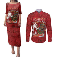 Personalised Aloha Halloween Couples Matching Puletasi and Long Sleeve Button Shirt Skeleton Surfing
