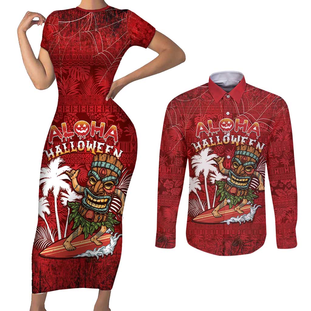 Personalised Aloha Halloween Couples Matching Short Sleeve Bodycon Dress and Long Sleeve Button Shirt Skeleton Surfing LT05 Red - Polynesian Pride