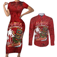 Personalised Aloha Halloween Couples Matching Short Sleeve Bodycon Dress and Long Sleeve Button Shirt Skeleton Surfing