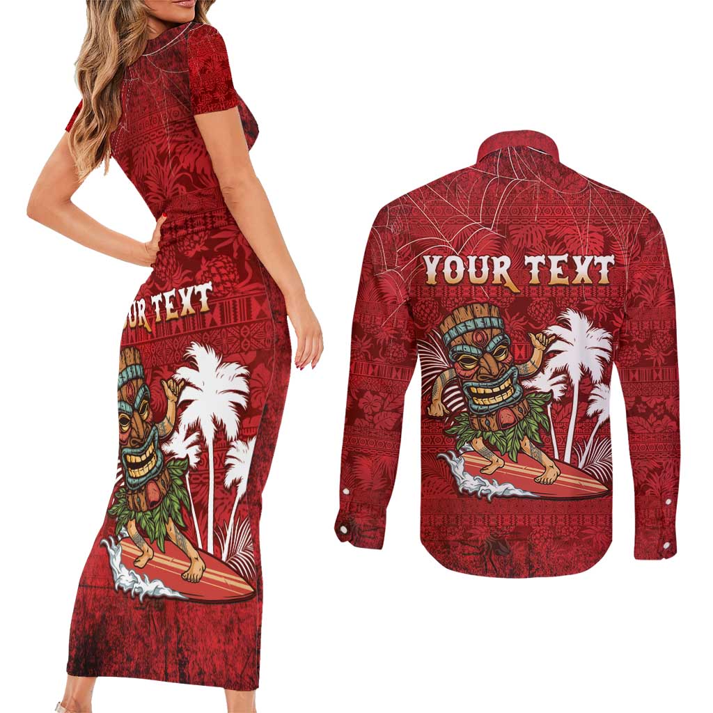 Personalised Aloha Halloween Couples Matching Short Sleeve Bodycon Dress and Long Sleeve Button Shirt Skeleton Surfing
