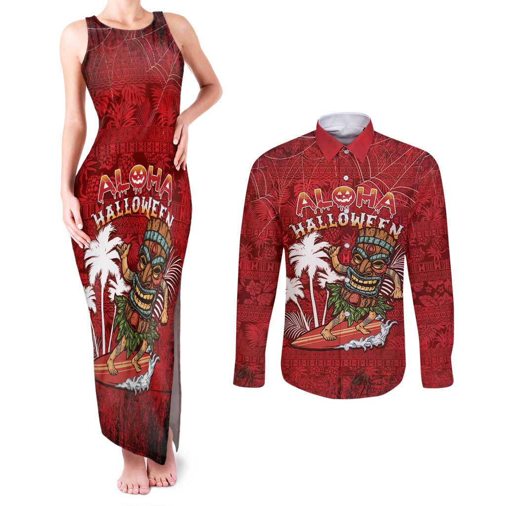 Personalised Aloha Halloween Couples Matching Tank Maxi Dress and Long Sleeve Button Shirt Skeleton Surfing LT05 Red - Polynesian Pride