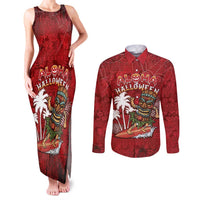 Personalised Aloha Halloween Couples Matching Tank Maxi Dress and Long Sleeve Button Shirt Skeleton Surfing
