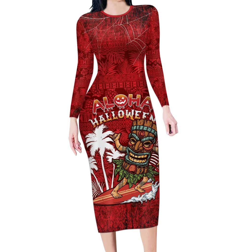 Personalised Aloha Halloween Long Sleeve Bodycon Dress Skeleton Surfing LT05 Long Dress Red - Polynesian Pride