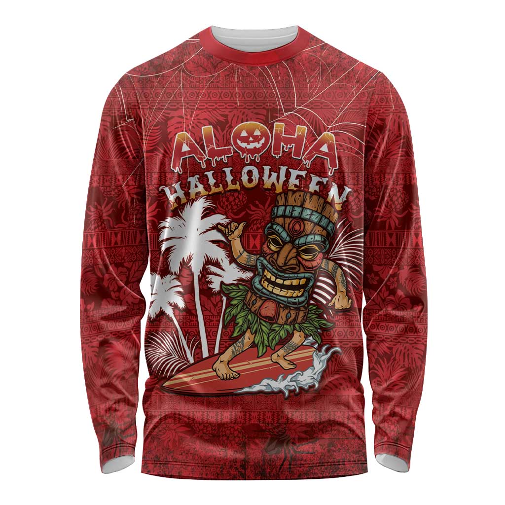 Personalised Aloha Halloween Long Sleeve Shirt Skeleton Surfing LT05 Unisex Red - Polynesian Pride