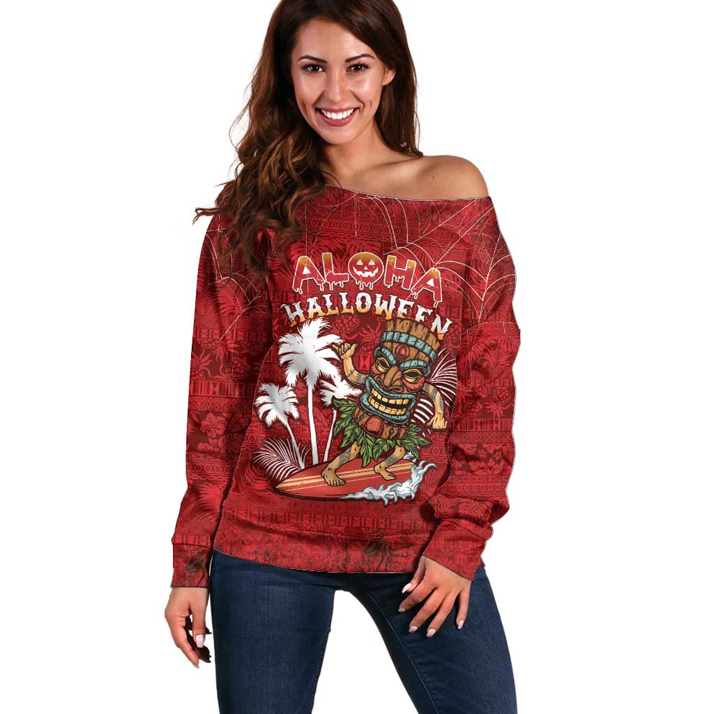 Personalised Aloha Halloween Off Shoulder Sweater Skeleton Surfing LT05 Women Red - Polynesian Pride