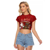 Personalised Aloha Halloween Raglan Cropped T Shirt Skeleton Surfing