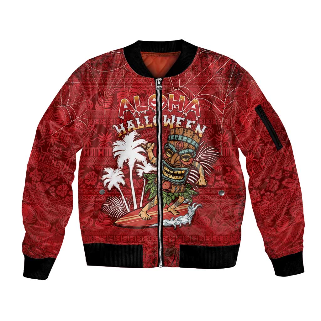 Personalised Aloha Halloween Sleeve Zip Bomber Jacket Skeleton Surfing LT05 Unisex Red - Polynesian Pride