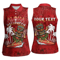Personalised Aloha Halloween Women Sleeveless Polo Shirt Skeleton Surfing