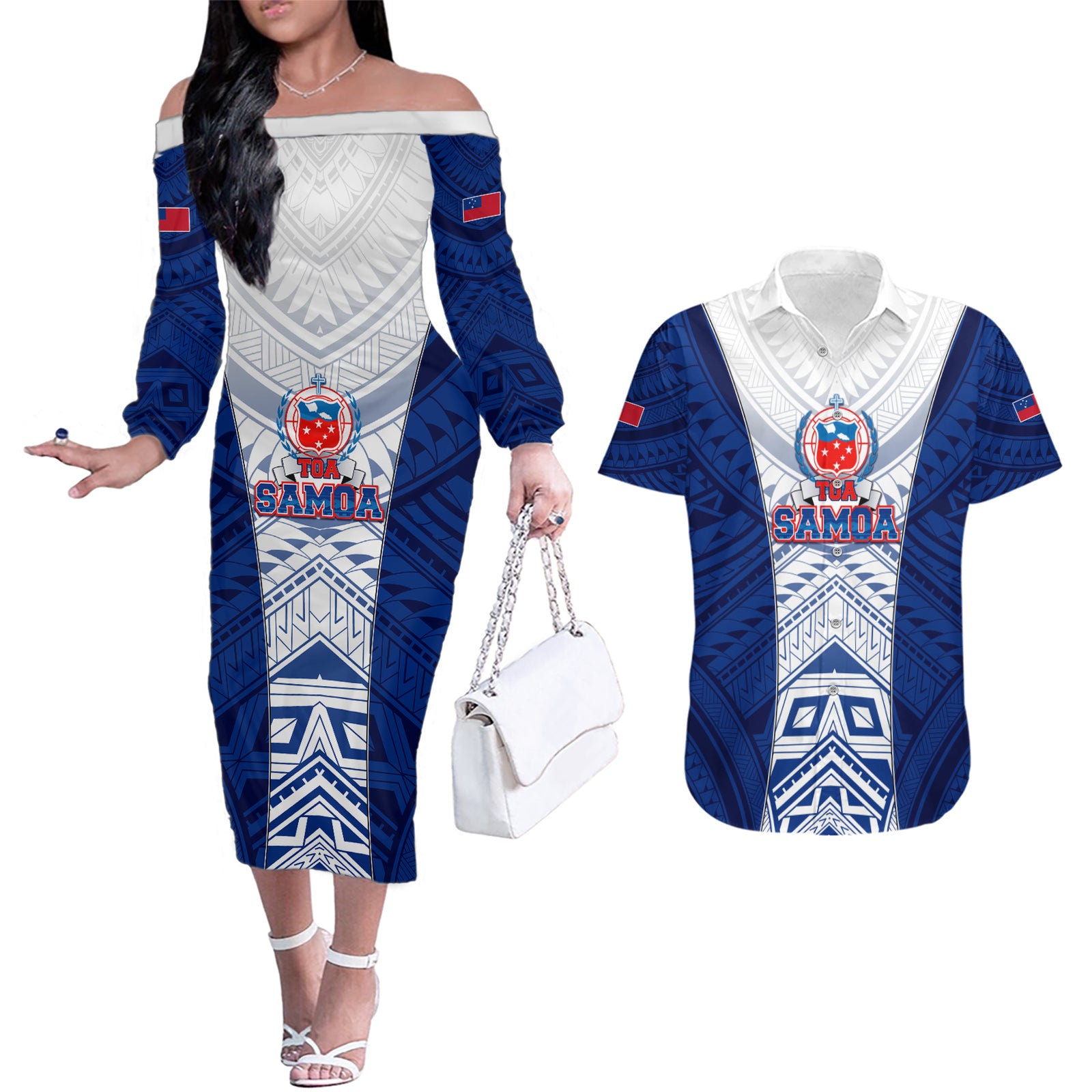 Custom Samoa Rugby Couples Matching Off The Shoulder Long Sleeve Dress and Hawaiian Shirt 2023 Pacific Championships Polynesian Pattern LT05 Blue - Polynesian Pride