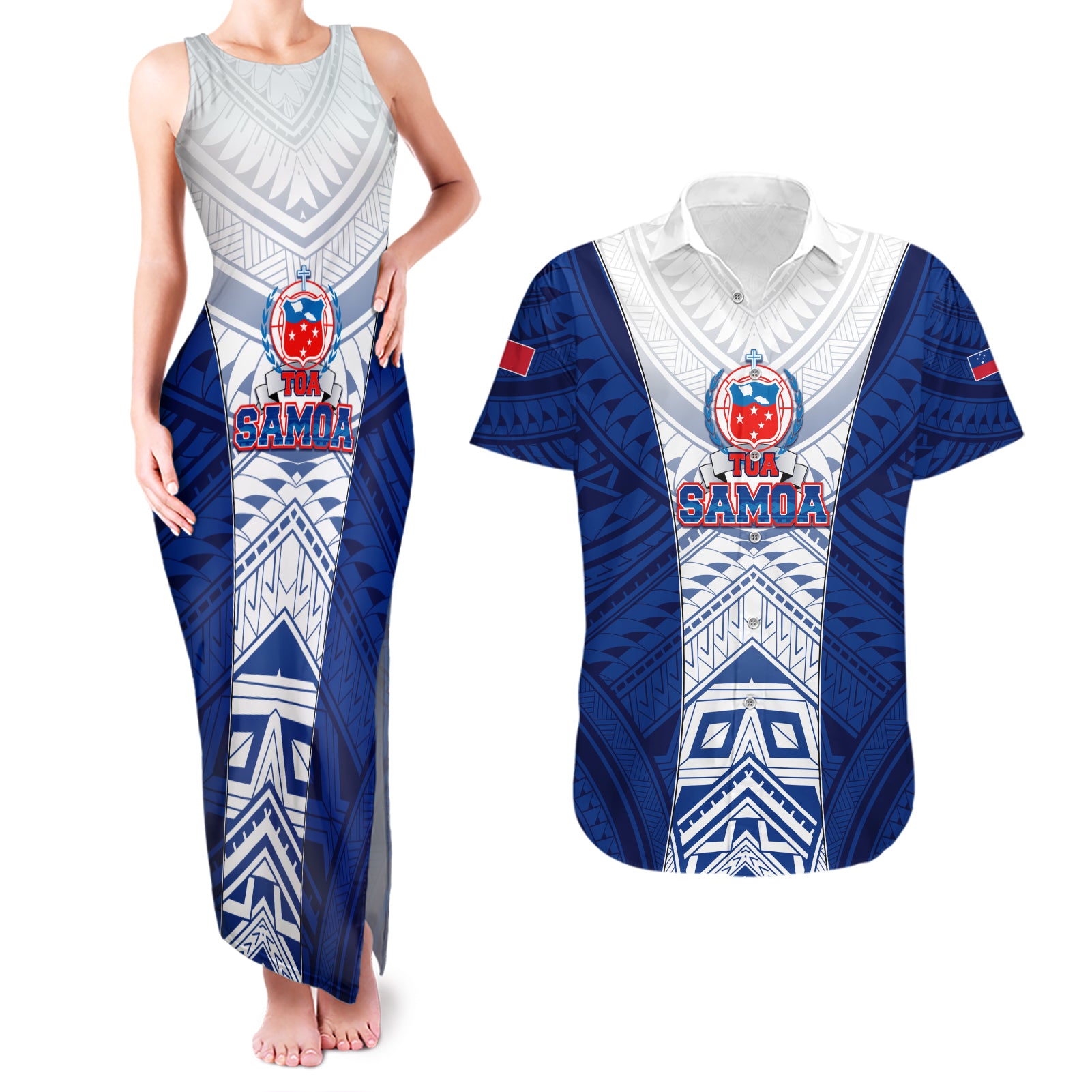 Custom Samoa Rugby Couples Matching Tank Maxi Dress and Hawaiian Shirt 2023 Pacific Championships Polynesian Pattern LT05 Blue - Polynesian Pride