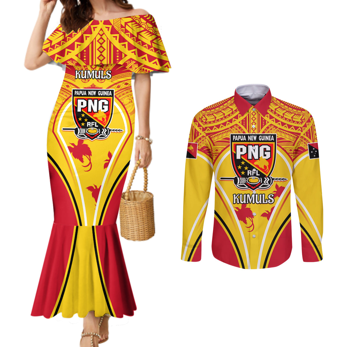 Custom Papua New Guinea Rugby Couples Matching Mermaid Dress and Long Sleeve Button Shirt 2023 Pacific Championships The Kumuls LT05 Yellow - Polynesian Pride